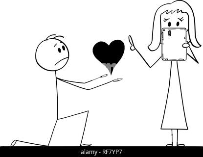 Cartoon of Man on Knees Giving Heart to His Woman of Love, But She is Working on Tablet Instead Stock Vector