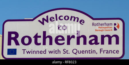 Welcome to Rotherham sign on the town boundary, Rotherham, South Yorkshire, England, UK Stock Photo