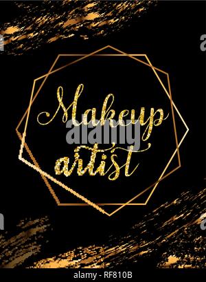 Fashion party vector poster with gold crystal glare headline, Makeup artist logo, banner for beauty master, signboard Stock Vector