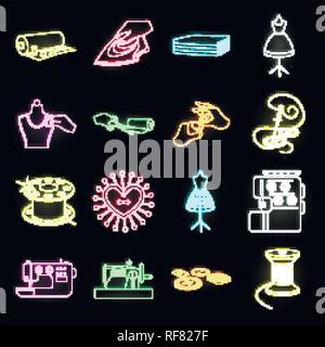 Atelier and equipment neon icons in set collection for design. Sewing of outer clothing vector symbol stock  illustration. Stock Vector