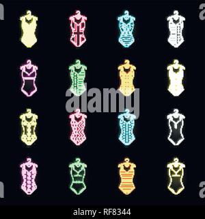Different types of swimsuits neon icons in set collection for design. Swimming accessories vector symbol stock  illustration. Stock Vector