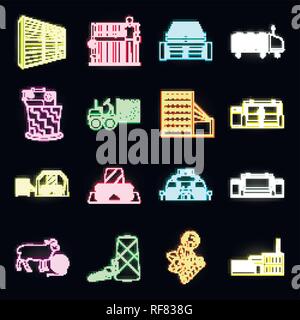 Textile industry neon icons in set collection for design.Textile equipment and fabrics vector symbol stock  illustration. Stock Vector