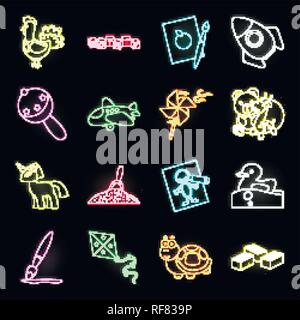 Children's toy neon icons in set collection for design. Game and bauble vector symbol stock illustration. Stock Vector