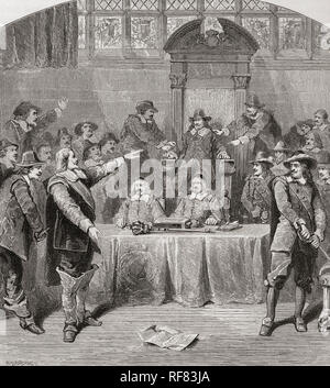 John Eliot was a defender of freedom of speech for the house of commons.  During the Parliament of 1629 Eliot presented three resolutions condemning Charles I's illegal taxation and religious policies.  Charles ordered Parliament to adjourn, but Eliot had the speaker of the House of Commons, Sir John Finch, held down in his chair by Denzil Holles and Benjamin Valentine until the resolutions were read out. As a consequence Eliot and others were arrested & imprisoned in the Tower of London.  Sir John Eliot, 1592 –1632. English statesman.  From London Pictures, published 1890 Stock Photo