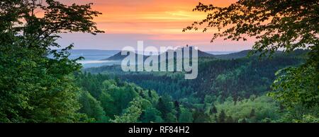 View from Rennsteig over the Thuringian Forest to Wartburg, Morgenrot, Morgennebel, near Eisenach, Thuringia, Germany Stock Photo