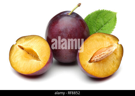 Damson plums with leaves isolated on white background Stock Photo