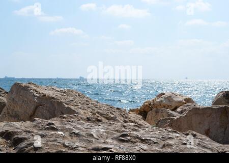 Sea view from Acre, Akko, city surrounded by sea walls Stock Photo