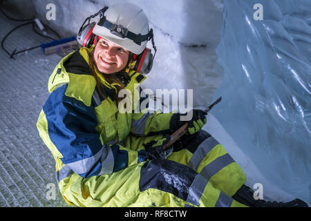 Carving an Ice Cave, Perlan Museum (The Pearl) Reykjavik, Iceland Stock Photo