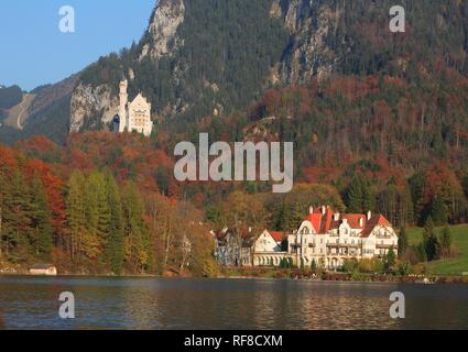 Alpsee lake, Haus Alpenrose and Neuschwanstein Castle in evening light, Schwangau near Fuessen, Bavaria, Germany Stock Photo