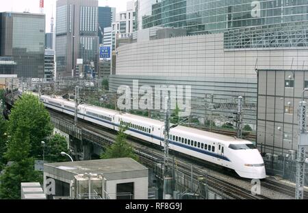 Shinkansen high-speed train in front of the Tokyo International Forum building, Tokyo, Japan, Europe