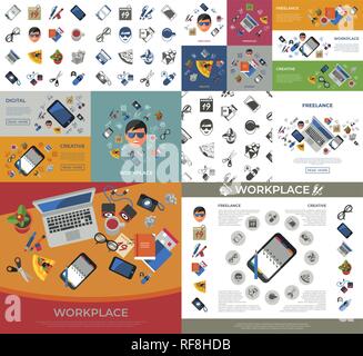 Digital vector freelance creative workplace icons set, flat style infographics Stock Vector