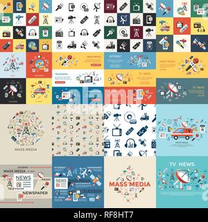 Digital mass media objects color simple flat icon set collection, isolated Stock Vector