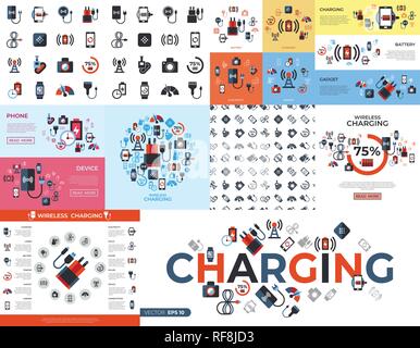 Digital vector wireless charging icons set with drawn simple line art info graphic, flat style Stock Vector