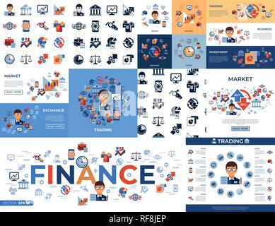 Digital vector financial trading market exchange simple icons set collection flat style infographics Stock Vector