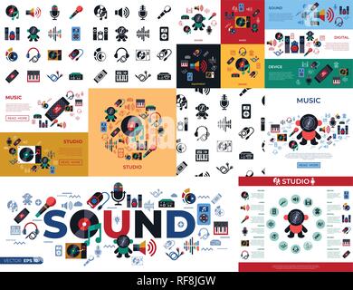 Digital vector studio sound music design and instruments simple icons set collection flat style infographics Stock Vector