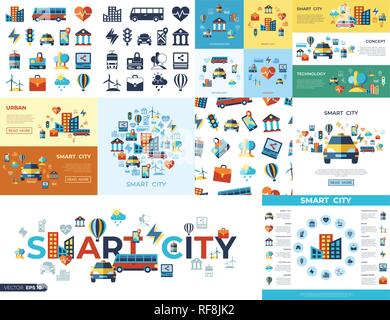 Digital vector smart city icons set with drawn simple line art info graphic, flat style Stock Vector