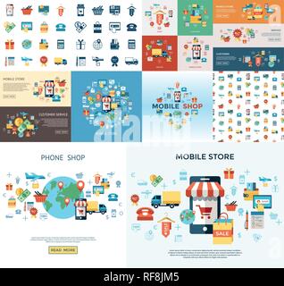 Digital vector line icons set mobile shopping and store illustration with elements for online electronic commerce Stock Vector