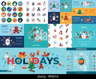 Digital vector merry christmas and winter holidays simple icons set collection flat style infographics Stock Vector