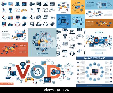 Digital vector video on demand online streaming technology simple icons set collection flat style infographics Stock Vector