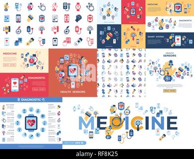 Digital vector health sensor icons set with drawn simple line art info graphic, flat style Stock Vector