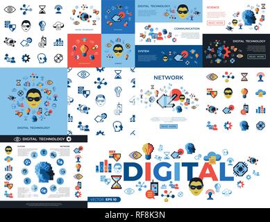 Digital vector pixel art digital technology and network icons set infographics Stock Vector