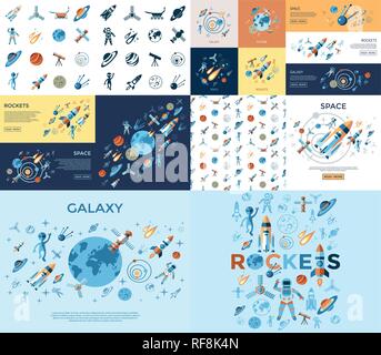 Digital vector line icons set space and rockets illustration with elements for astronomy Stock Vector