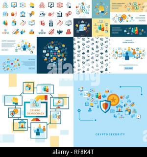 Digital vector crypto democracy and security icons set infographics Stock Vector