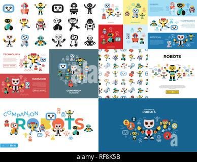 Digital vector companion robots icons set with drawn simple line art info graphic, flat style Stock Vector