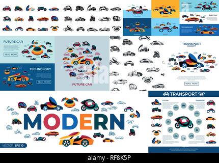 Digital vector future car concept simple icons set collection flat style infographics Stock Vector