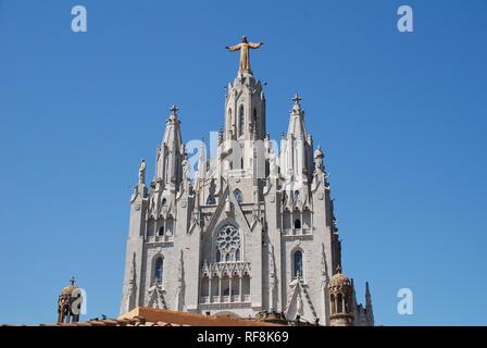 The Temple of the Sacred Heart of Jesus on the summit of Mount Tibidabo in Barcelona, Spain on April 18, 2018. Stock Photo