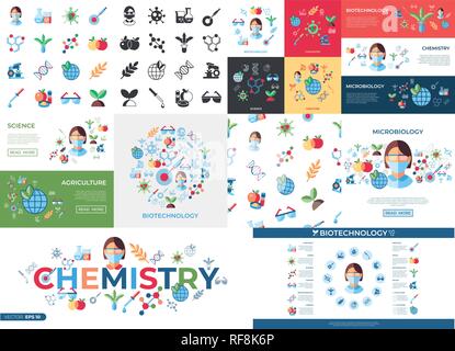 Digital vector biotechnology icons set with drawn simple line art info graphic, flat style Stock Vector