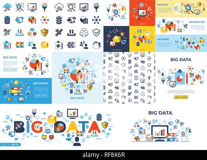 Digital vector big data and information icons set with drawn simple line art info graphic, flat style Stock Vector