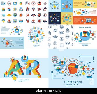 Digital vector augmented and virtual reality icons set infographics Stock Vector