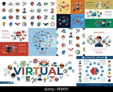 Digital vector augmented analytics and innovation technology icons set infographics Stock Vector