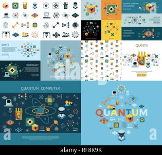 Digital vector quantum computing and qubits icon set pack illustration, simple line flat style Stock Vector