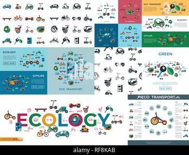 Digital vector eco green transport technology icons set infographics Stock Vector