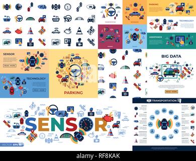 Digital vector assisted transportation and parking sensing system and wireless communication network simple icons set collection flat style infographi Stock Vector