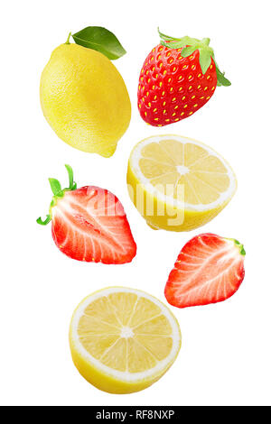 Flying fresh lemon and strawberry fruit isolated on white background with clipping path as package design element and advertising. Full depth of field Stock Photo