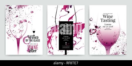Collection of templates with wine designs. Brochures, posters, invitation cards, promotion banners, menus. Background effect wine drops. Vector illust Stock Vector