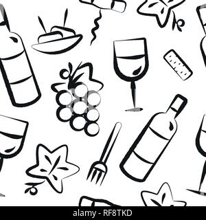 background seamless pattern with wine and appetizer food icons. Icons with brush strokes. Black color. Vector illustration. Stock Vector
