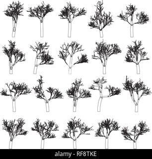 Tree silhouettes set, hand drawn vector design elements. Stock Vector