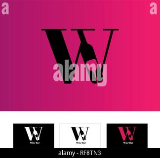 Symbol with letter W and silhouette of glass and bottle of wine. Idea for wine business logo. Vector illustration Stock Vector