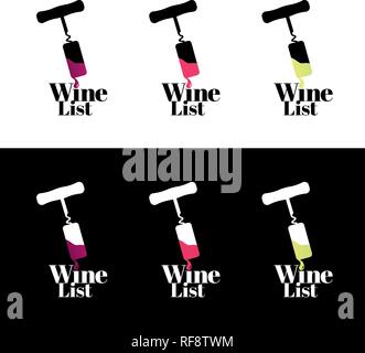 Symbol with illustration of corkscrew and drop of red, pink and white wine.Icon wine list. Logo for your wine business. Vector Stock Vector
