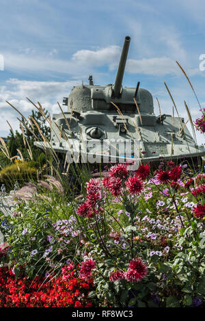 A specialised vehicle designed specifically for D-Day, was the Sherman DD amphibious tank. This one is located at Juno Beach in the centre of Courseul Stock Photo