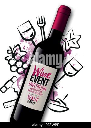 Background wine icons drawn with strokes. Wine bottle illustration. Red wine stains background. Idea for wine event, wine tasting, party with food and Stock Vector