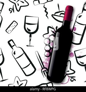 Background wine icons drawn with strokes. Seamless pattern. Wine bottle illustration. Red wine stains background. Idea for wine event, wine tasting, p Stock Vector