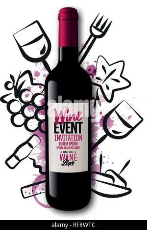 Background wine icons drawn with strokes. Wine bottle illustration. Red wine stains background. Idea for wine event, wine tasting, party with food and Stock Vector