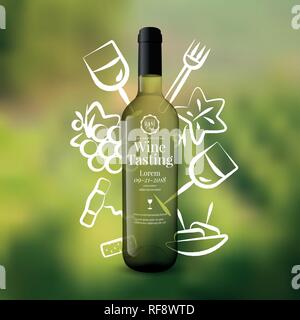 Background wine icons drawn with strokes. White wine bottle illustration. defocused vineyard background image. Idea for wine event, wine tasting, part Stock Vector