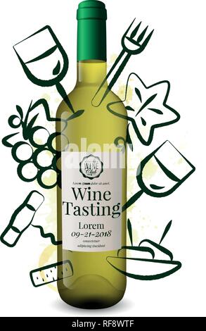Background wine icons drawn with strokes. White wine bottle illustration. Idea for wine event, wine tasting, party with food and drink. Vector. Stock Vector