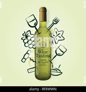 Background wine icons drawn with strokes. White wine bottle illustration. Color background. Idea for wine event, wine tasting, party with food and dri Stock Vector